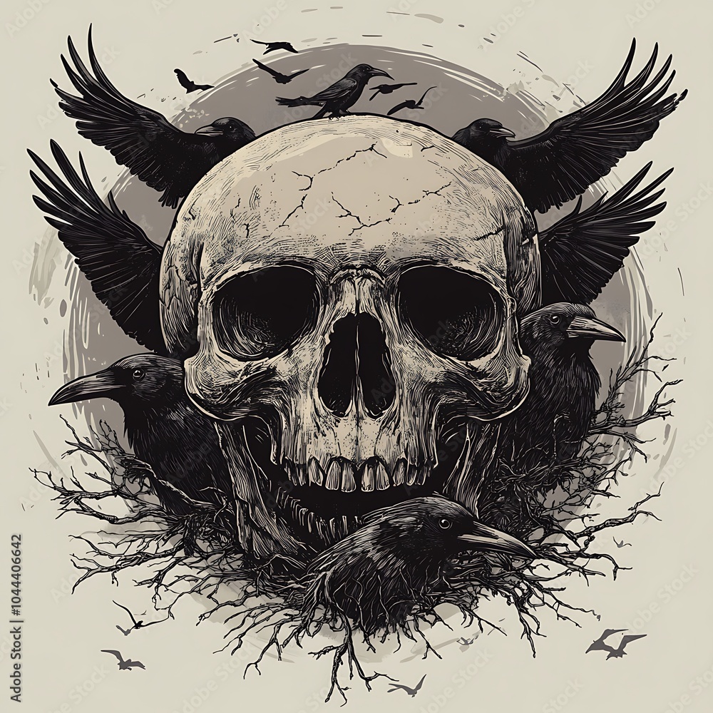 Fototapeta premium A human skull surrounded by five ravens with a grey background.
