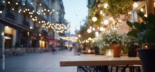 Empty wooden table at outdoor cafe with string lights and greenery in a European city.