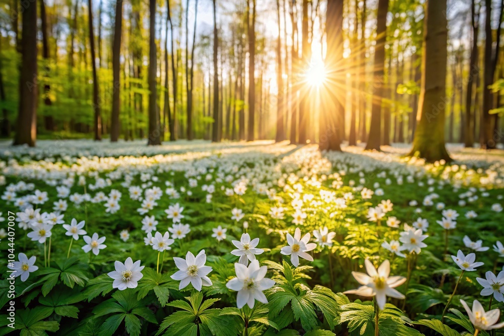 Obraz premium Serene forest scene with wildflowers bathed in sunlight