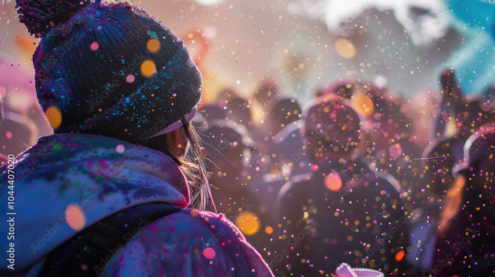 vibrant scene capturing moment at color festival, showcasing person with beanie surrounded by crowd, immersed in colorful powder and joyful atmosphere vibrant scene capturing moment at color festival, showcasing person with beanie surrounded by crowd, immersed in colorful powder and joyful atmosphere