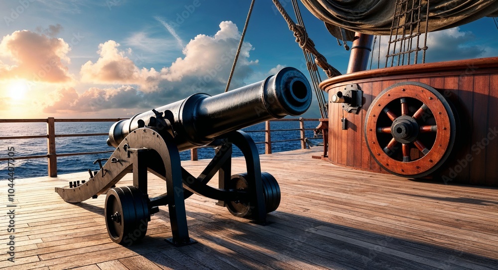 Fototapeta premium Cannon loaded and ready on a pirate ship deck background formidable weaponry highlighting the dangers and adventures faced by seafaring rogues