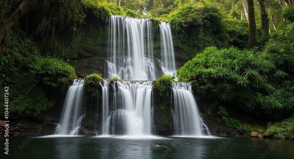 Cascading waterfall hidden within a lush forest background natural wonder creating soothing sounds enhancing the serene environment Cascading waterfall hidden within a lush forest background natural wonder creating soothing sounds enhancing the serene environment