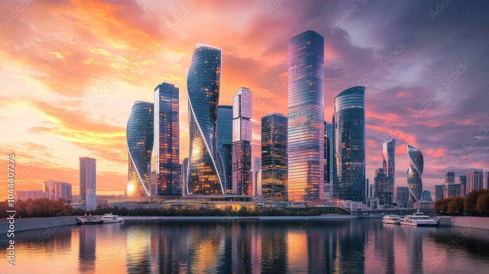 illustration of a modern city surrounded by water with a beautiful sunset illustration of a modern city surrounded by water with a beautiful sunset