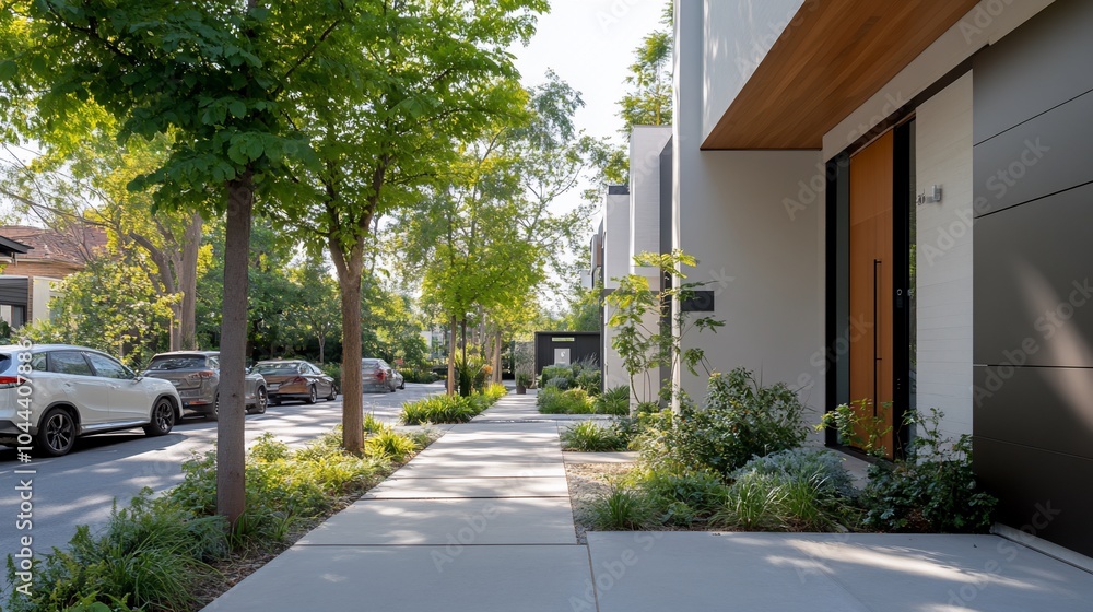 Modern homes with a sidewalk and trees lining the street. Modern homes with a sidewalk and trees lining the street.