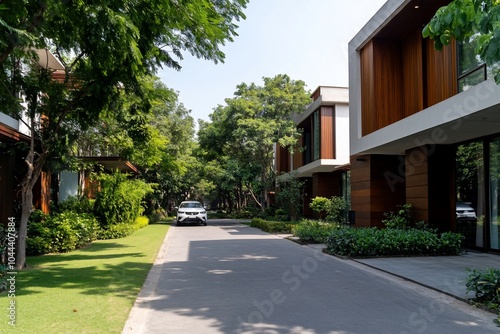 Modern homes with manicured lawns and a car on a paved driveway.