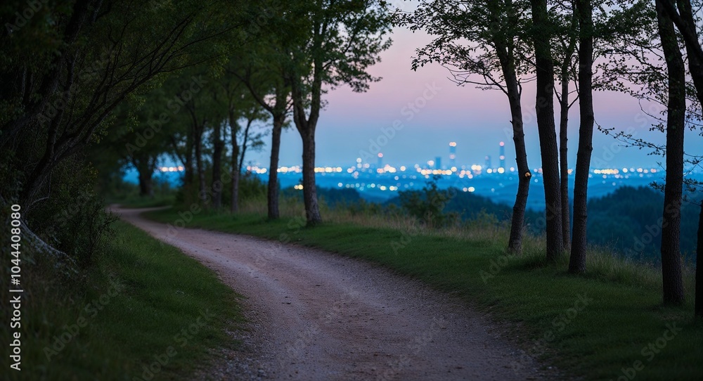 Glow of distant city lights faintly visible through the trees along a trail background contrasting nature's calm with urban life adding intrigue to the journey