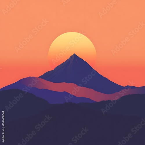 A large, silhouetted mountain with a setting sun behind it.