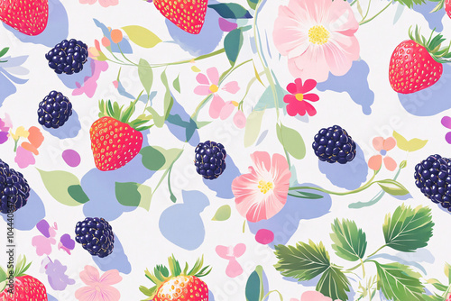 seamless repetitive pattern of fresh wild strawberries and blackberries