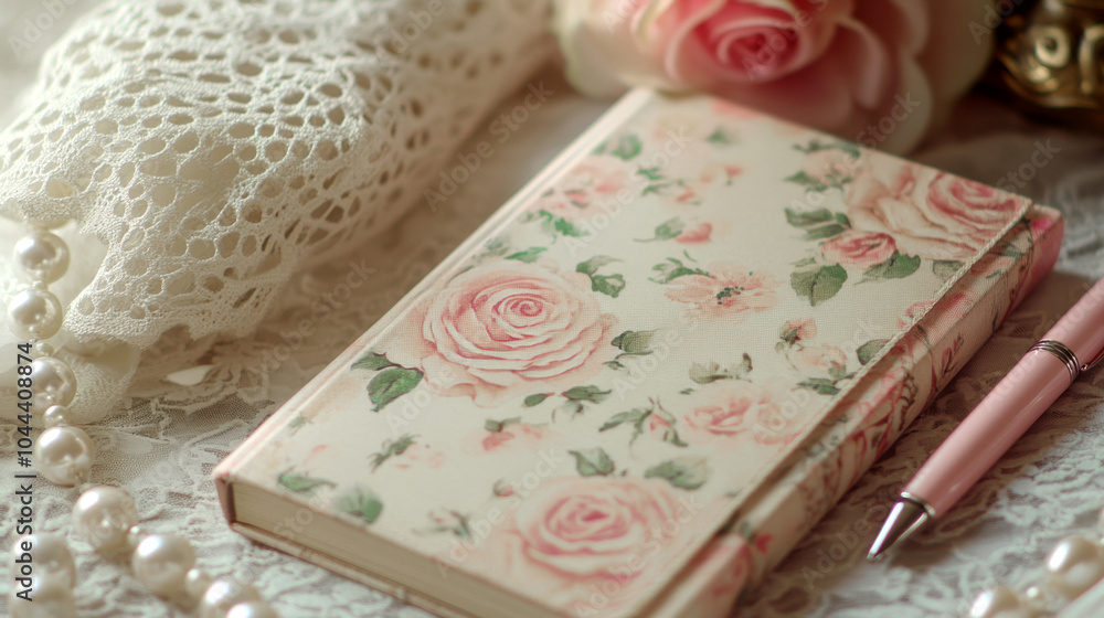 Elegant floral notebook with pearl jewelry, pink pen, and lace detailing reflecting charming girlhood and beauty lifestyle Elegant floral notebook with pearl jewelry, pink pen, and lace detailing reflecting charming girlhood and beauty lifestyle