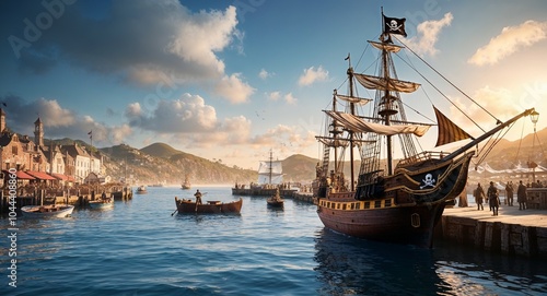Pirate ship docked at a bustling seaside port background lively scene filled with activity showcasing trade and adventure on the horizon