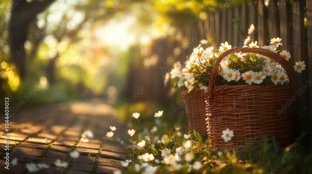 Sunlit pathway with wicker baskets overflowing with white daisies along a wooden fence in a tranquil garden setting, capturing the essence of girlhood and beauty lifestyle Sunlit pathway with wicker baskets overflowing with white daisies along a wooden fence in a tranquil garden setting, capturing the essence of girlhood and beauty lifestyle