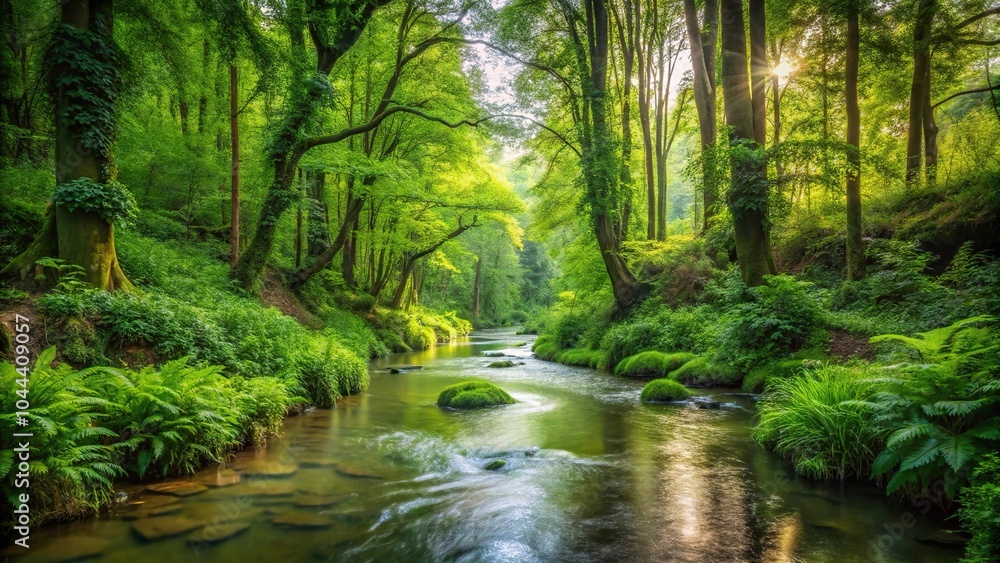 serene forest stream winding through greenery serene forest stream winding through greenery