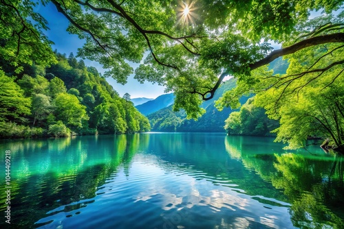 A calm lake embraced by vibrant foliage and lush trees forms a tranquil scene in nature, inviting peaceful moments and deep reflection amidst its serene beauty.