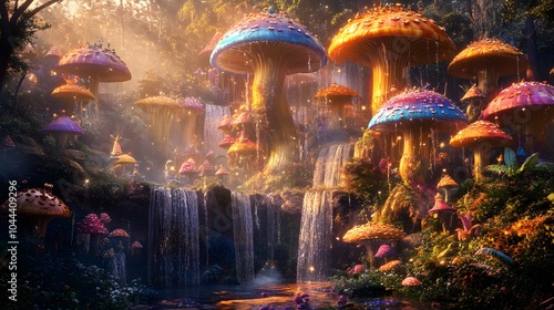 A whimsical landscape of towering colorful mushrooms serving as homes for small fantastical creatures with waterfalls cascading from caps bathed in warm golden light