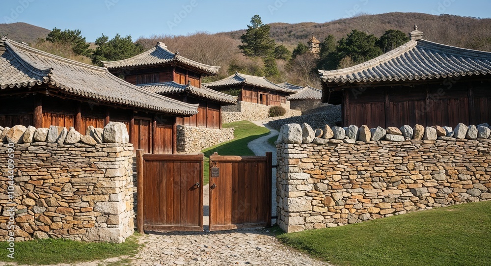 Stone wall surrounding a traditional village with wooden gates background historical architecture blending seamlessly with the natural surroundings Stone wall surrounding a traditional village with wooden gates background historical architecture blending seamlessly with the natural surroundings