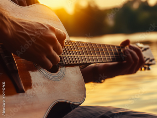 A close-up of a man’s hands playing a traditional acoustic guitar by a lakeside during golden hour. Perfect for themes of relaxation and mindfulness. photo