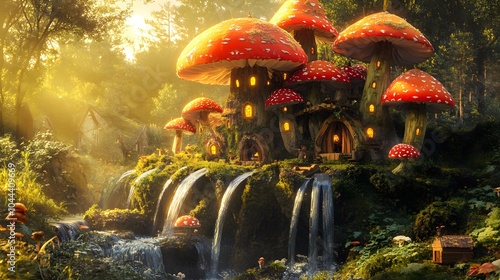 A whimsical landscape of towering colorful mushrooms serving as homes for small fantastical creatures with waterfalls cascading from caps bathed in warm golden light