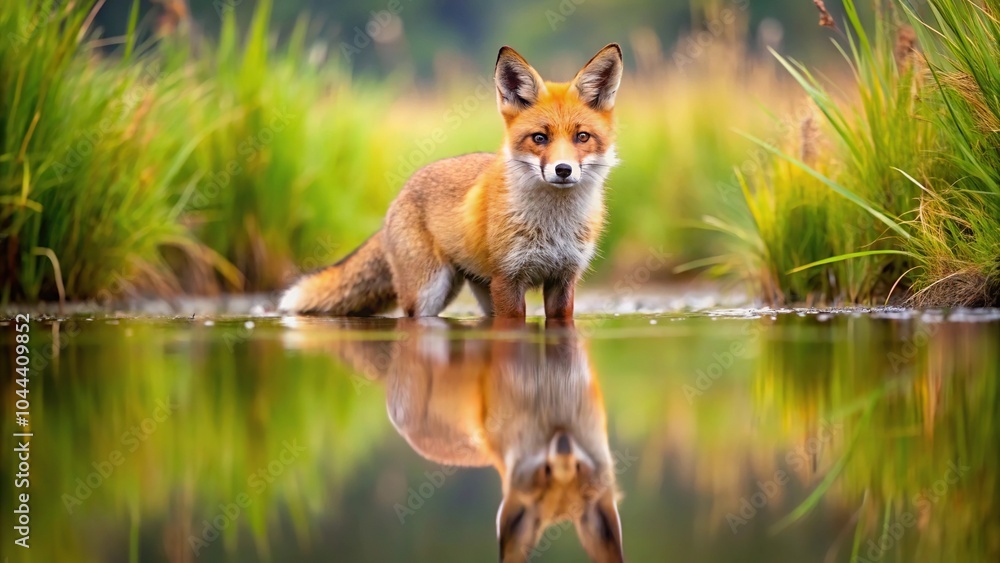 Obraz premium reflected cute red fox in natural environment