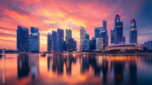 illustration of a modern city surrounded by water with a beautiful sunset