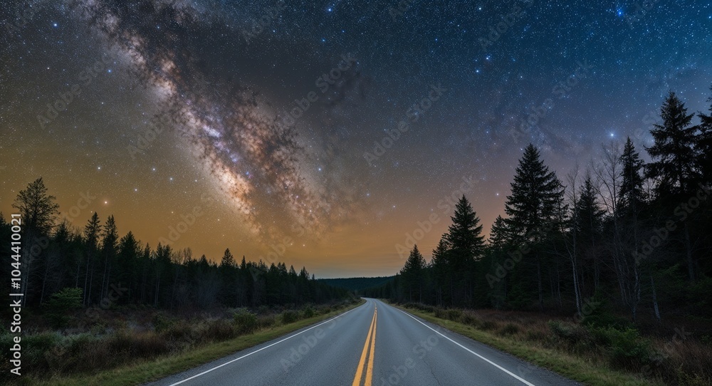 Naklejka premium Twinkling stars visible above a quiet forest road background celestial beauty enhancing the peaceful ambiance of nature at night