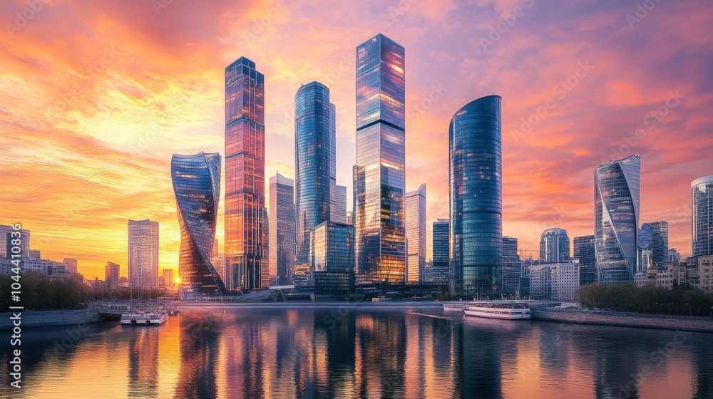 Fototapeta premium illustration of a modern city surrounded by water with a beautiful sunset