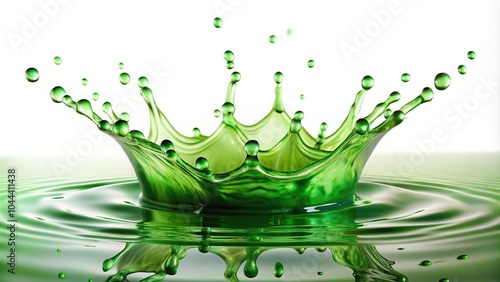 Reflected green drops and dynamic splashes isolated against a pristine white background