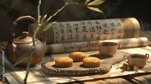 Mooncakes and tea are beautifully arranged on wooden surface, accompanied by ancient scroll, creating serene and cultural atmosphere. warm tones evoke sense of tradition and tranquility