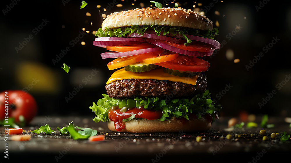 Fototapeta premium Floating Cheeseburger with Fresh Ingredients on a Black Background