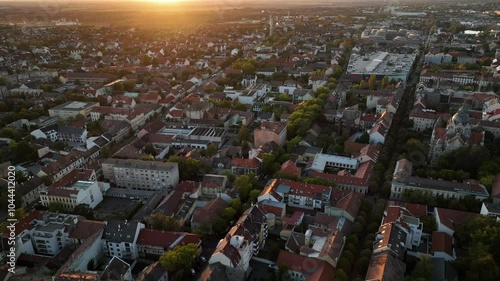 Cinematic aerial view from sunset at Szeged Hungary 
