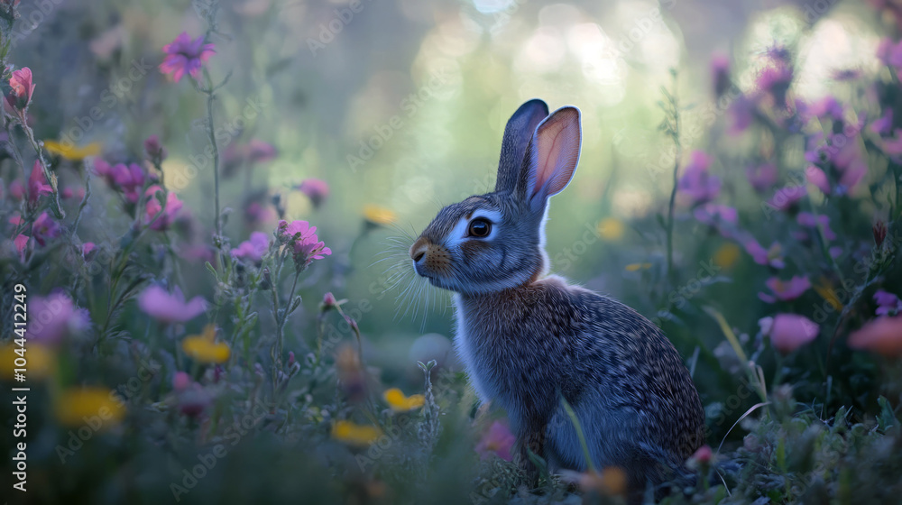 Obraz premium A curious brown rabbit amidst a colorful array of wildflowers.