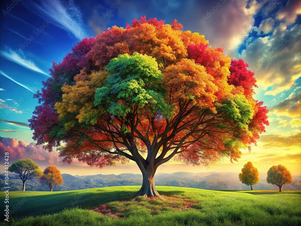 A resplendent 3D tree boasts vibrant, leafy branches that cascade gently, immersed in a lush green setting, offering a captivating and peaceful ambiance. A resplendent 3D tree boasts vibrant, leafy branches that cascade gently, immersed in a lush green setting, offering a captivating and peaceful ambiance.