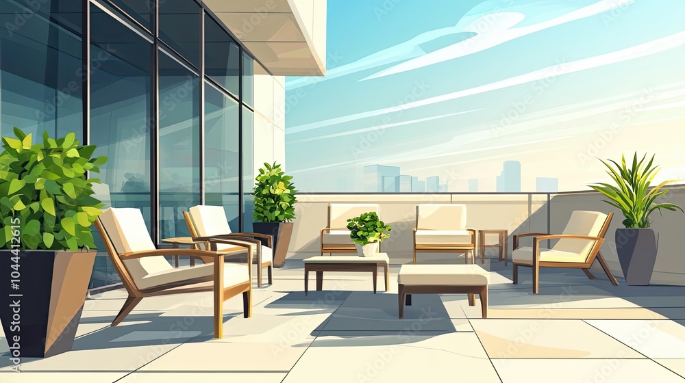 Fototapeta premium Furnished Rooftop Patio with City Skyline View