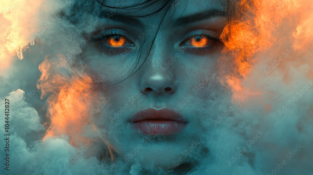 Mystical Portrait: Woman with Glowing Eyes in Smoke and Fire Mystical Portrait: Woman with Glowing Eyes in Smoke and Fire