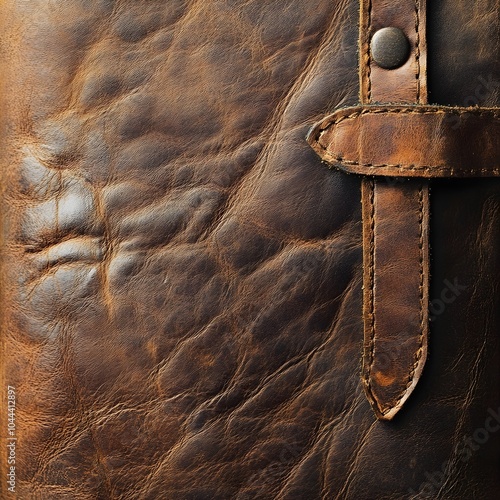 Closeup of Aged and Weathered Leather Texture with Stitching Rivets and Buckle photo