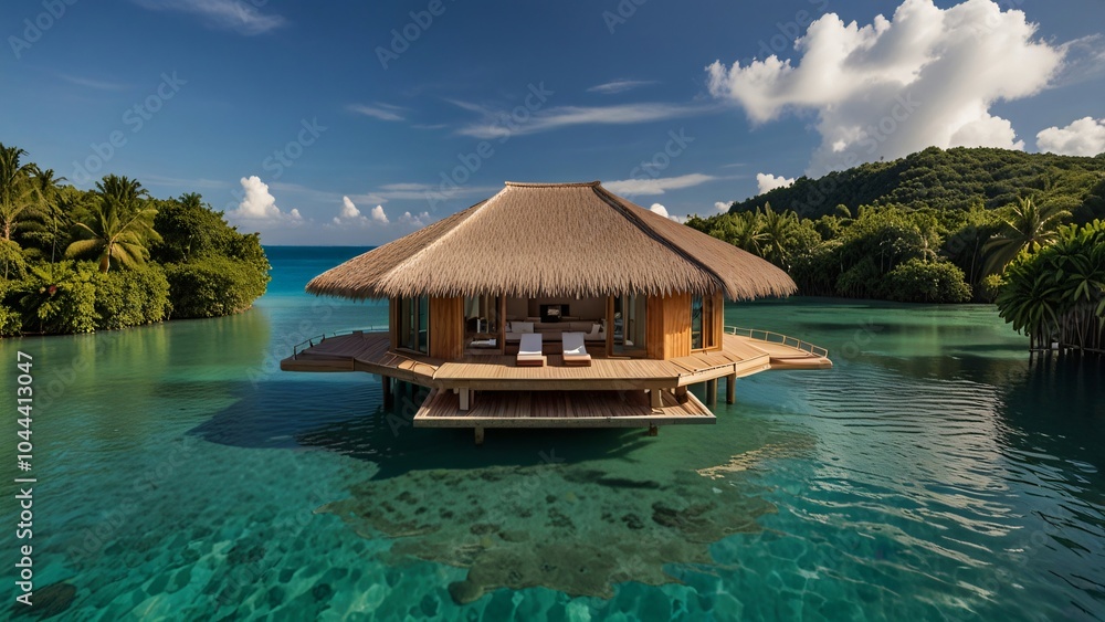 Tropical Overwater Bungalow on Stilts with Clear Blue Lagoon Tropical Overwater Bungalow on Stilts with Clear Blue Lagoon