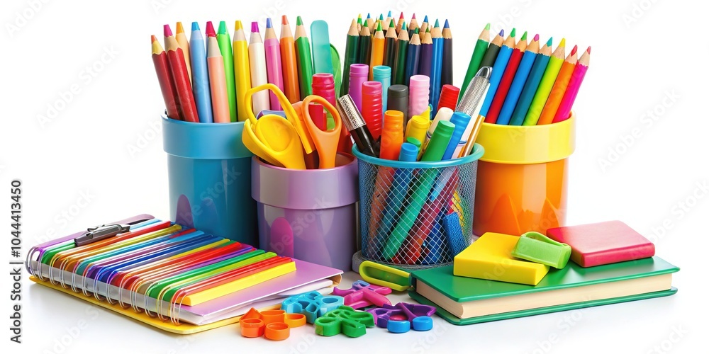 A variety of school and office stationery displayed on a clean white background, perfect for sparking creativity in projects and supporting organization in daily tasks. A variety of school and office stationery displayed on a clean white background, perfect for sparking creativity in projects and supporting organization in daily tasks.