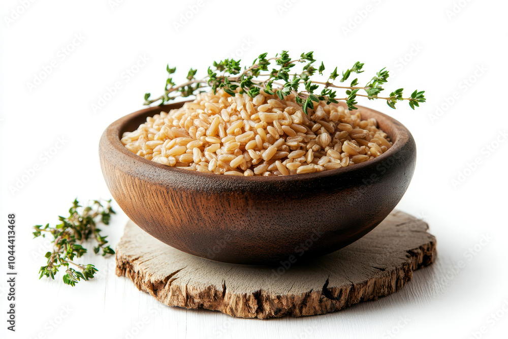 Organic farro grains and a sprig of thyme isolated background. Organic farro grains and a sprig of thyme isolated background.