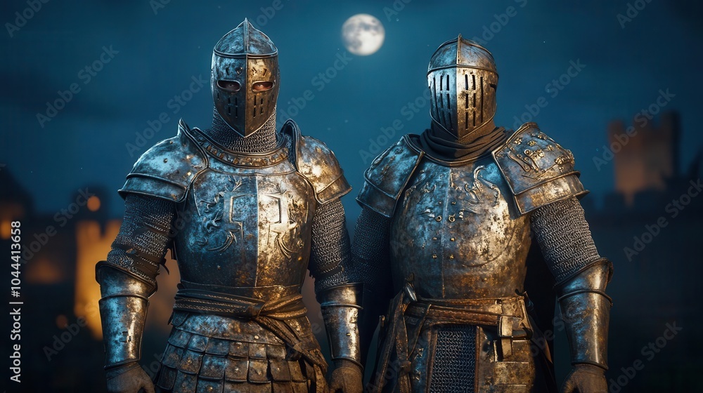 A noble knight in shining armor, standing under the moonlight, with a determined gaze A noble knight in shining armor, standing under the moonlight, with a determined gaze
