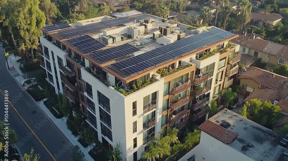 Fototapeta premium Modern Apartment Building with Rooftop Solar Panels and Greenery