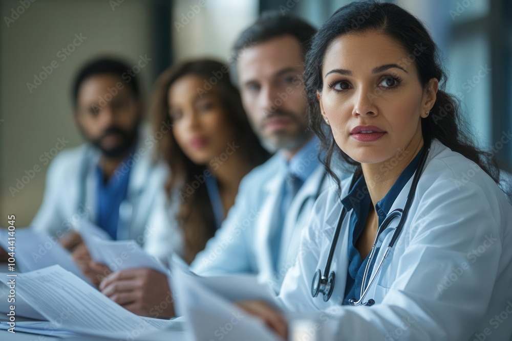 Team of medical professionals, diverse ethnicities, analyzing reports in a modern clinical setting, detailed expressions, realism Team of medical professionals, diverse ethnicities, analyzing reports in a modern clinical setting, detailed expressions, realism