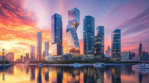 illustration of a modern city surrounded by water with a beautiful sunset