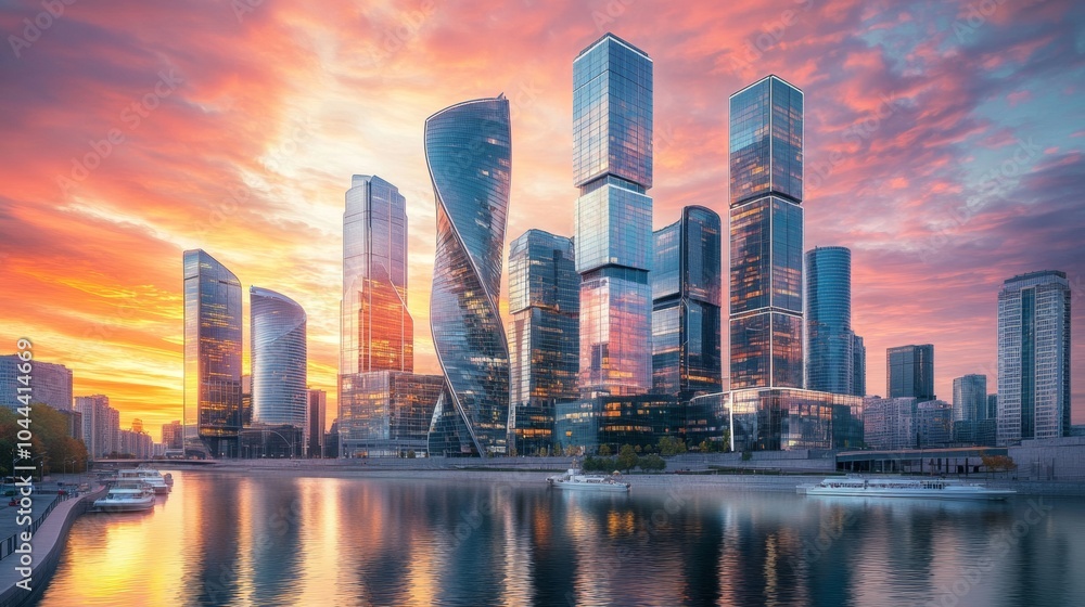 Fototapeta premium illustration of a modern city surrounded by water with a beautiful sunset