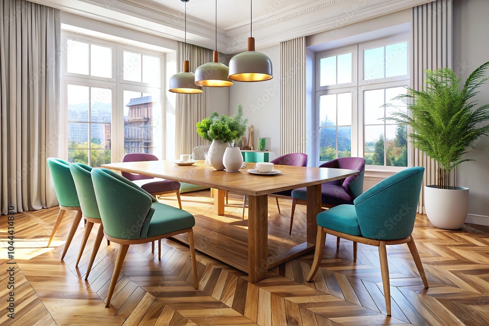 Obraz premium An elegant wooden dining table with plush chairs showcases a pristine white cup on a stunning parquet floor, creating a sophisticated and welcoming atmosphere.