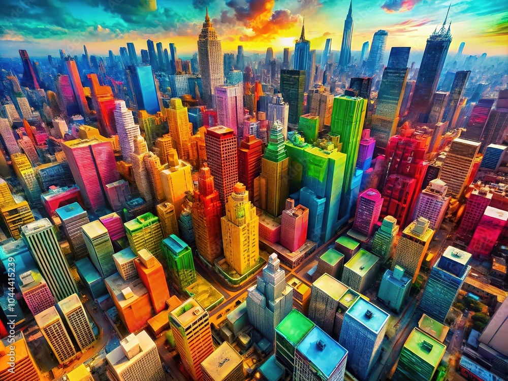 Obraz premium An energetic city skyline radiates vibrant colors, embodying the spirit of creativity and urban life, set against a striking, solid backdrop.