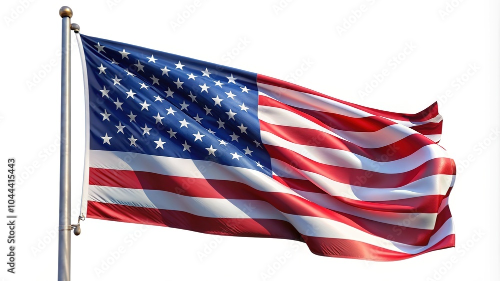 Fototapeta premium An isolated 3D illustration of a waving US flag, ideal for election season, rendered in exquisite 8K quality against a clean white background.