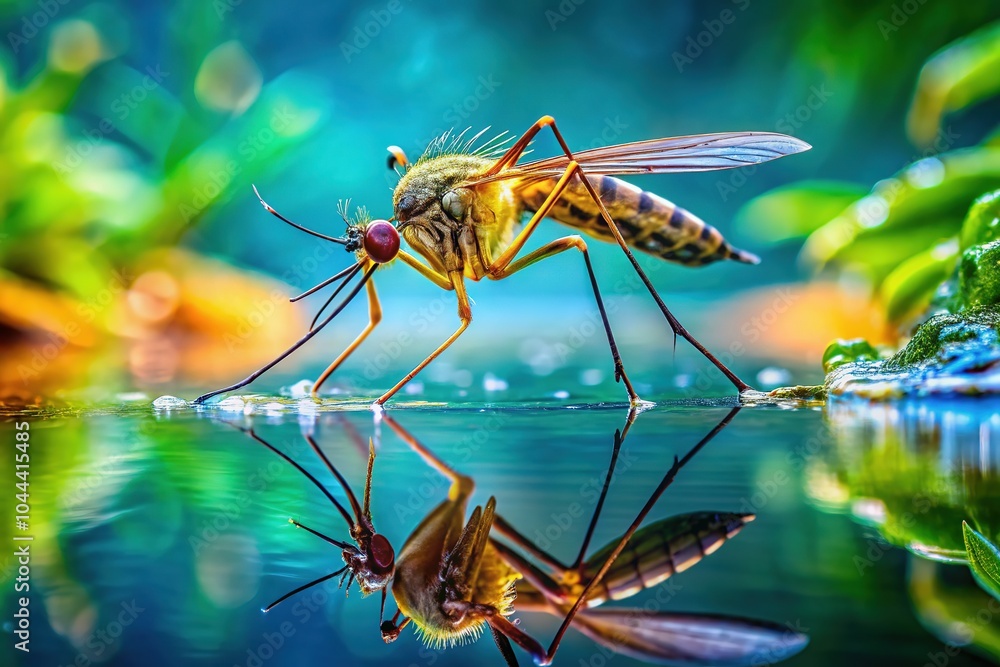 Naklejka premium An intimate portrayal of a mosquito hovering just above water, revealing its fine details and fragile structure as it navigates the reflective surface gracefully.