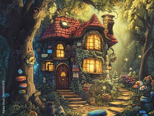 Enchanted Cottage in the Forest: A Whimsical Fantasy Illustration