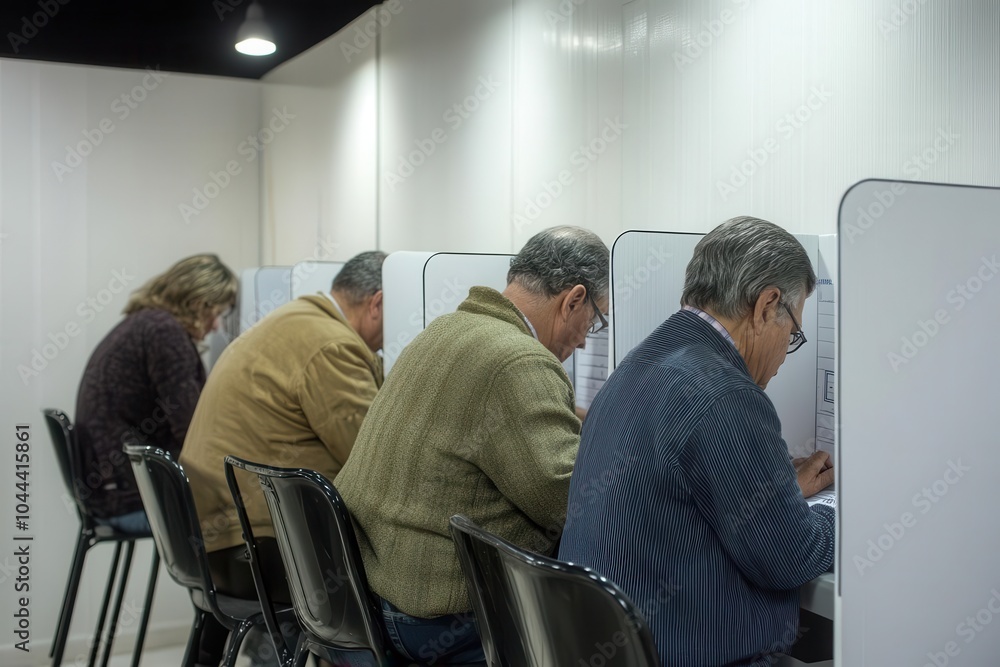 Citizens casting votes in a local election, bright indoor lighting, ultrarealistic detail of ballots, voting booths, and civic engagement Citizens casting votes in a local election, bright indoor lighting, ultrarealistic detail of ballots, voting booths, and civic engagement