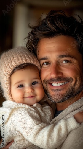 joyful portrait of a loving father smiling with his happy baby at home captured in a warm and loving atmosphere the connection between them radiates happiness perfect for familyfocused imagery photo