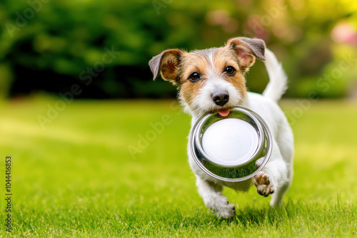 Jack Russell terrier dog sitting by empty metal food bowl on grass field background.